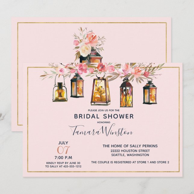 Convites Lanternas Românticas Russas Chá de panela Dourado  (Frente/Verso)