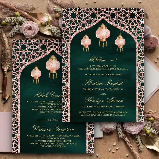 Convites Lanternas Rosa Rosa Esmeralda Dourado Casamento Mu (Criador carregado)
