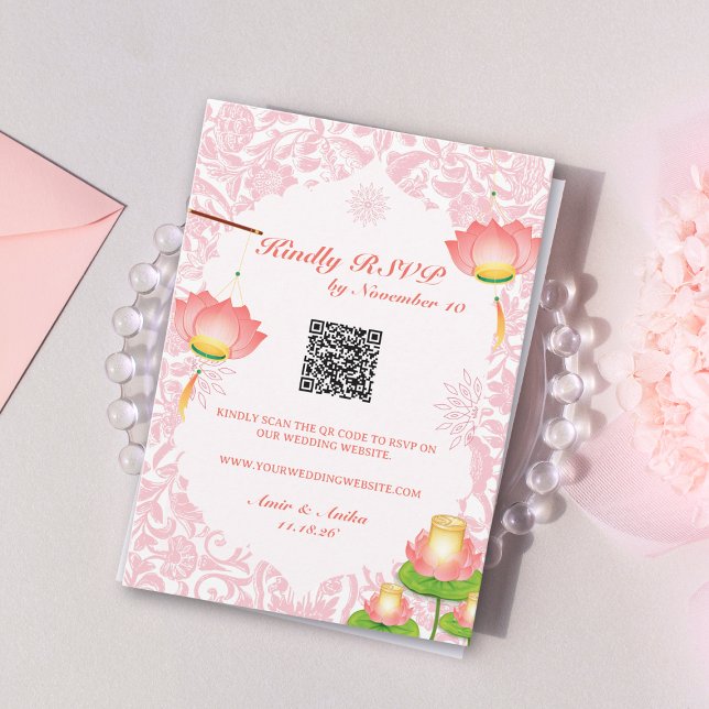 Convites Lanternas Rosa Suave de Lótus RSVP Casamento India (Criador carregado)
