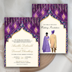 Convites Lanterns Dourados Casal Indiano Roxo Casamento