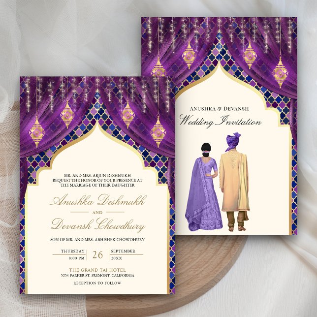 Convites Lanterns Dourados Casal Indiano Roxo Casamento (Criador carregado)