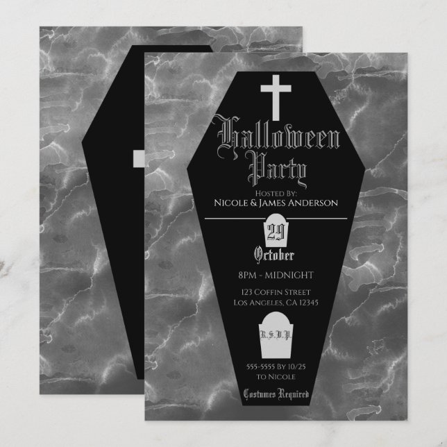 Convites Lápide de Caixão Preto Festa de Halloween Gótica (Frente/Verso)