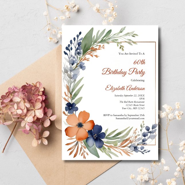 Convites Laranja Azul Aquarela Floral 60º Aniversário (Rust Orange Blue Florals with Greenery Watercolor 60th Birthday Invitation for her)