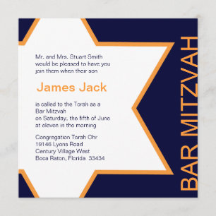 Convites Laranja & azul de Mitzvah do bar da estrela de