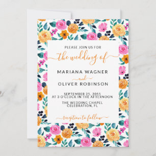 Convites Laranja Azul Rosa Simples Floral Elegante Script