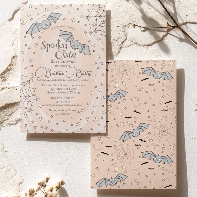 Convites Laranja Bats Spooky Chá de fraldas Bonito (Spooky Cute Baby Bats Halloween Baby Shower Orange Invite. Adorable Baby Bats Flying, Stars, Webs)