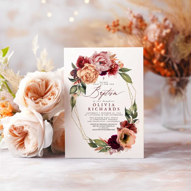 Convites Laranja Blush Borgonha Vermelho Floral Vermelho Qu (Fall Baptism Invitations)