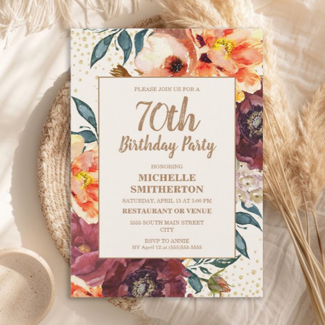 Convites Laranja Borgonha Floral de Outono Dourado Brilho 7 (Orange and burgundy watercolor floral 70th birthday party invitation)