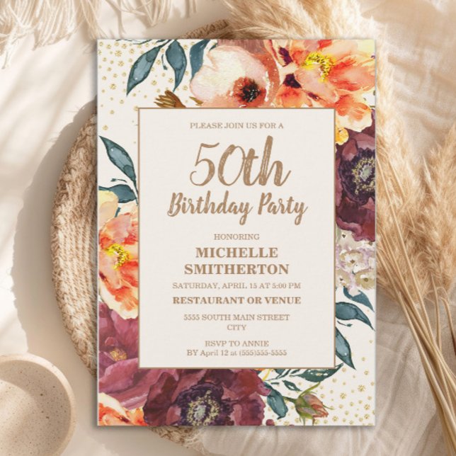 Convites Laranja Borgonha Floral de Outono Glitter Dourado  (Orange and burgundy floral 50th birthday party invitation)
