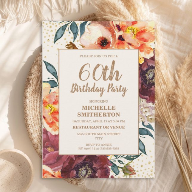 Convites Laranja Burgundy Queda Floral Dourada Glitter 60º (Orange and burgundy watercolor floral 60th birthday party invitation)