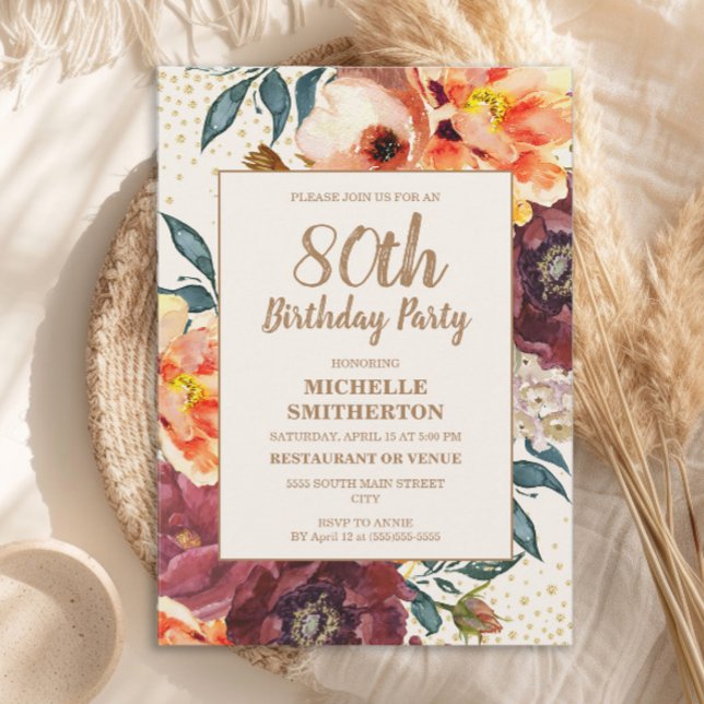 Convites Laranja Burgundy Queda Floral Dourada Glitter 80 (Orange and burgundy watercolor floral 80th birthday party invitation)
