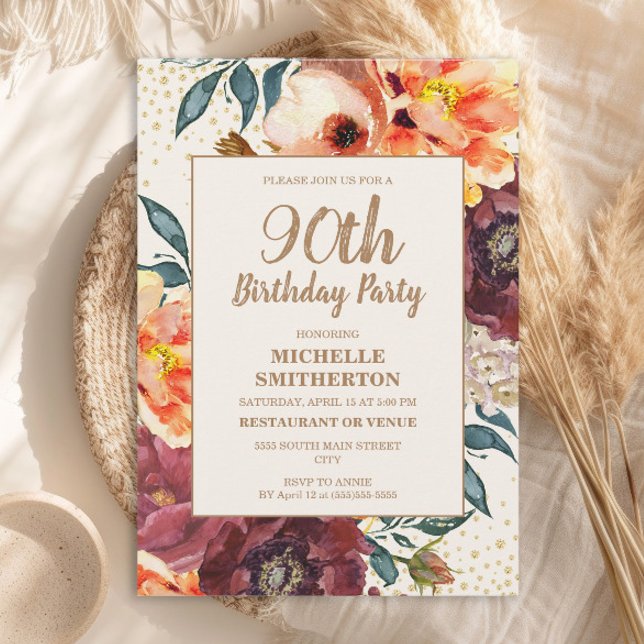 Convites Laranja Burgundy Queda Floral Dourada Glitter 90 (Orange and burgundy watercolor floral 90th birthday party invitation)