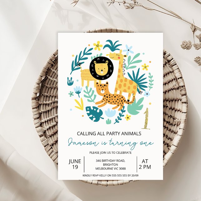 Convites Laranja-Cachorro Chamando Todos os Animais de Fest (Calling All Party Animals Safari 1st Birthday Invitation Baby Boy,
Safari Wild One Birthday Invite)