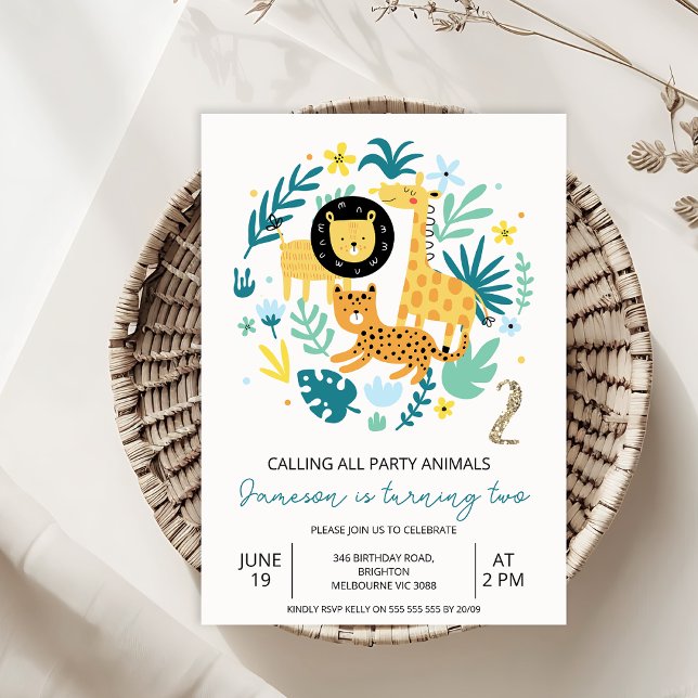 Convites Laranja-Cachorro Chamando Todos os Animais de Fest (Safari Party Animals 2nd Birthday Invitation Template, Jungle Animals Two Wild 2nd Birthday Invite)