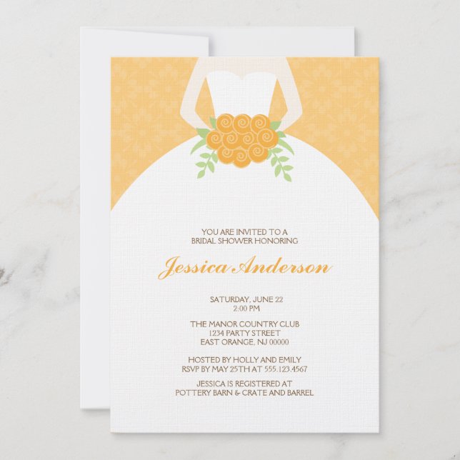 Convites Laranja Damask e Chá de panela Bride (Frente)