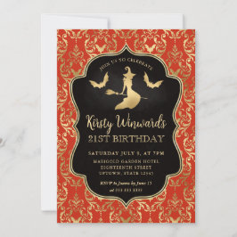 Convites Laranja Dourada Bruxa e Bats Damask aniversário de