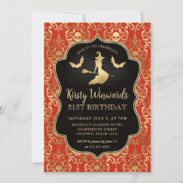 Convites Laranja Dourada Bruxa e Skulls Damask aniversário 