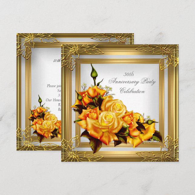 Convites Laranja Dourado Branco Elegante 50º Aniversário (Frente/Verso)
