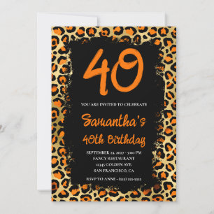 Convites Laranja Dourado Leopardo Pintado de Preto Aniversá