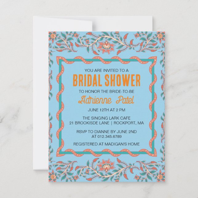 Convites Laranja e Azul Aqua Chá de panela Floral Invitati (Frente)