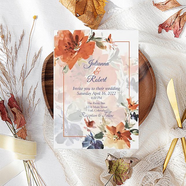 Convites Laranja e azul aquarela floral de casamento de out (Criador carregado)