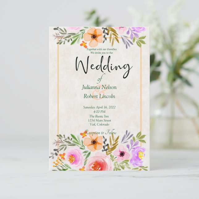 Convites Laranja e cor-de-água púrpura, casamento floral in (Em pé/Frente)