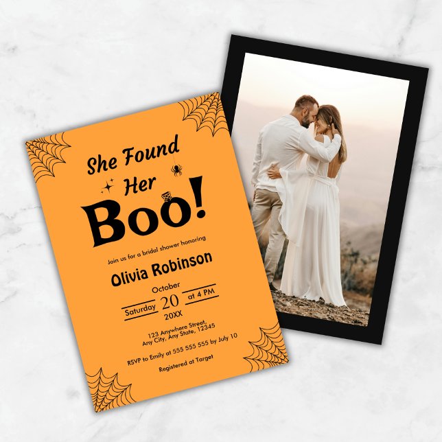Convites Laranja Ela Encontrou Seu Chá de panela De Boo Hal (Orange Photo She Found Her Boo Halloween Bridal Shower Invitation   )