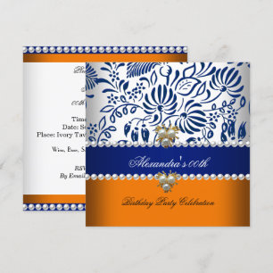 Convites Laranja Elegante Azul-Marinho Damask Pérola Festa 