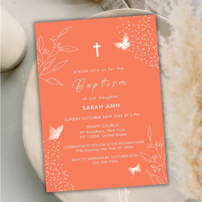 Convites Laranja Elegante deixa borboleta atravessando bati (Orange Elegant Leave Butterfly Cross Baptism Invitation)
