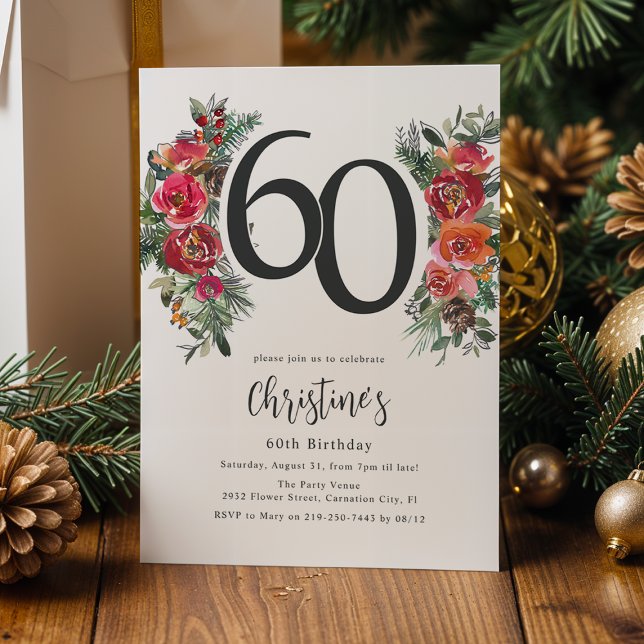 Convites Laranja Elegante e Floral Vermelho 60º Aniversário (Criador carregado)