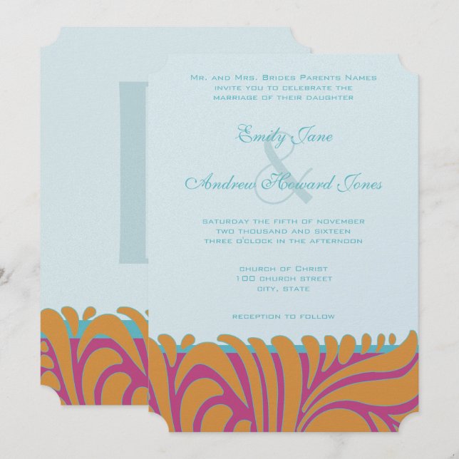 Convites Laranja Esmagada Aqua Fuchsia Nada Prata (Frente/Verso)