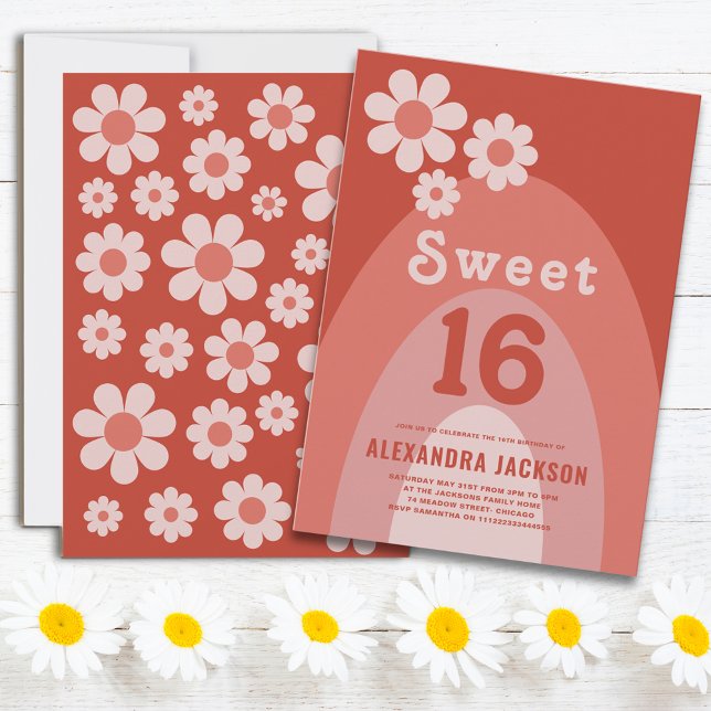 Convites Laranja-Festa de aniversário 16 Retro Doce (Sweet 16 Retro vintage daisy arch peach orange 16th birthday party with groovy typography )