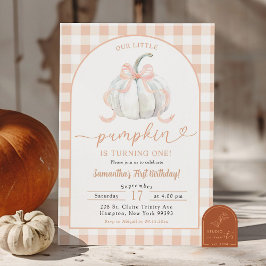 Convites Laranja Gingham Abóbora Aniversário de 1 ano Prépp