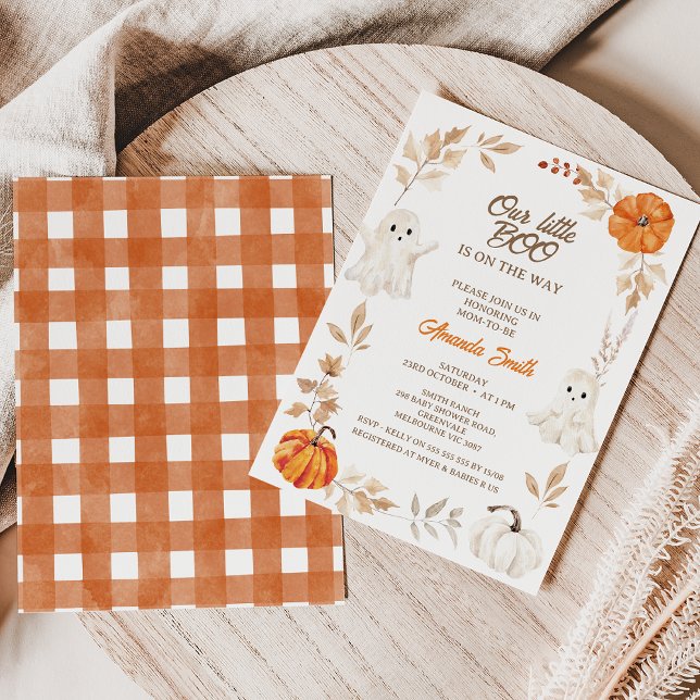 Convites Laranja Halloween Nosso Pequeno Chá de fraldas Boo (Our Little Boo Baby Shower Invitation, Ghost Halloween Baby Shower Invitation, Orange Pumpkins)