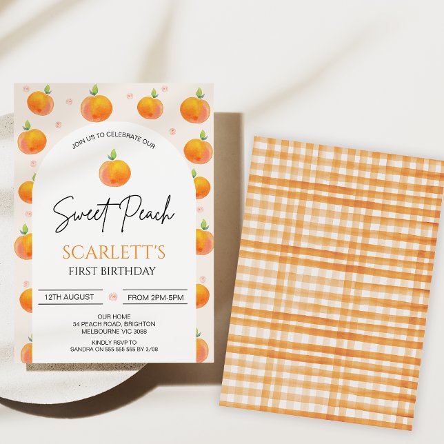 Convites Laranja Moderno Arch Nosso primeiro aniversario De (Arch Girls Our Sweet Peach Birthday Invitations, Little Peach invite, 1st Birthday Invitations Girl )