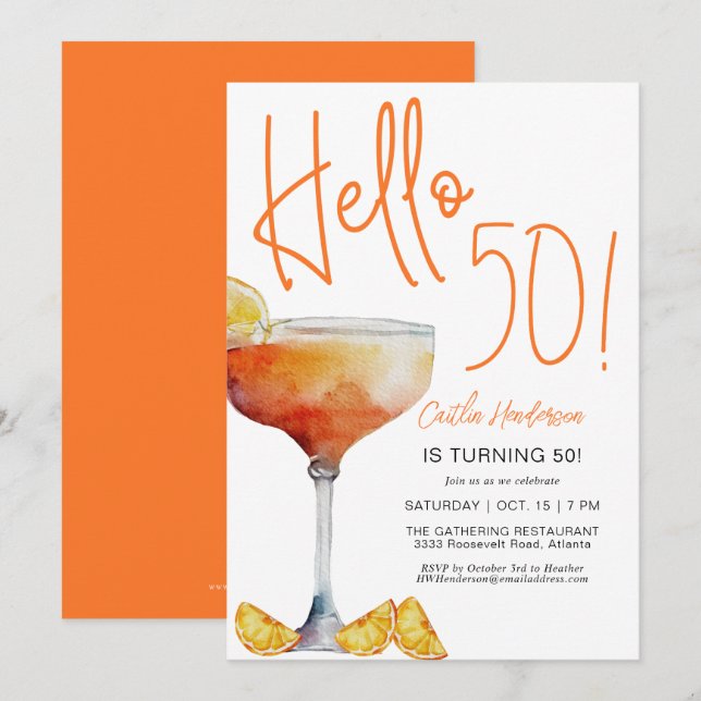 Convites Laranja Moderno Olá 50º Aniversário (Frente/Verso)