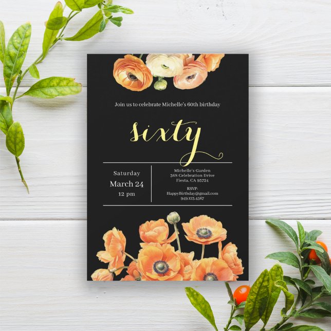Convites Laranja Negro Elegante Floral 60ª Festa de anivers (Criador carregado)