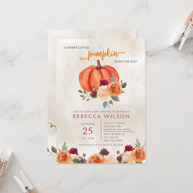 Convites Laranja Pequeno Abóbora Sexo Chá de fraldas Neutro (Frente/Verso In Situ)