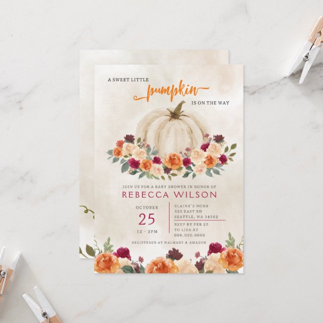 Convites Laranja Pequeno Abóbora Sexo Chá de fraldas Neutro (Frente/Verso In Situ)