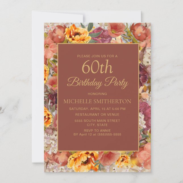 Convites Laranja Queimada Creme Floral 60º Aniversário (Frente)