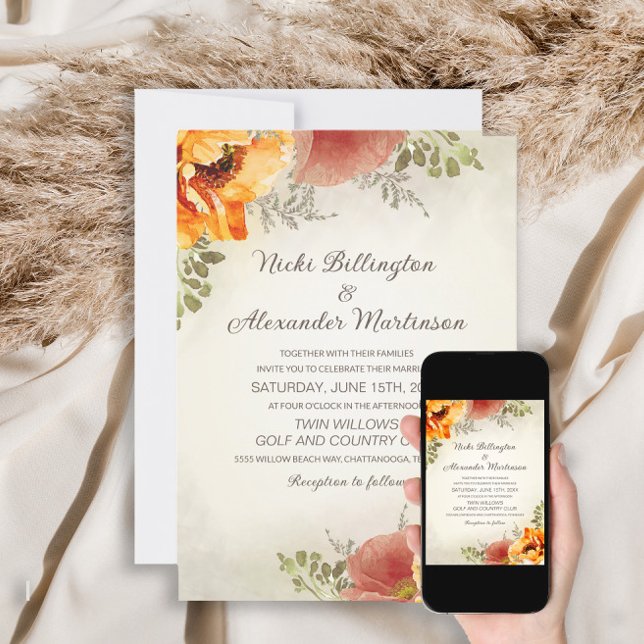 Convites Laranja Queimada Floral Outono Greenery Casamento (Criador carregado)