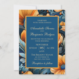 Convites Laranja queimada moderna e azul floral