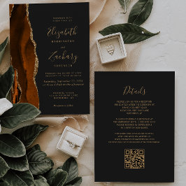 Convites Laranja Queimado Ágata Dourada Código QR Casamento