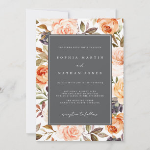 Convites Laranja Queimado Cinza Floral de Casamento de Outo