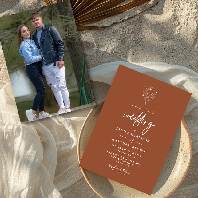 Convites Laranja Queimado Rústico Foto Botânica Casamento (Burnt orange botanical photo invitation showcases your love story with a warm personalized touch)