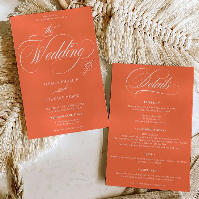 Convites Laranja-quente, tudo em um casamento de caligrafia (Chic orange all in one calligraphy wedding invitation)