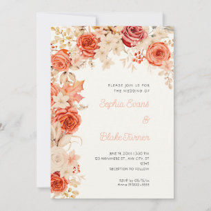 Convites Laranja Romântico & Rosas Brancas Casamento Creme