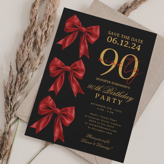 Convites Laranja Save Date 90º Aniversário Preto (Red Coquette Bow Save Date 90th Birthday Black Invitation)