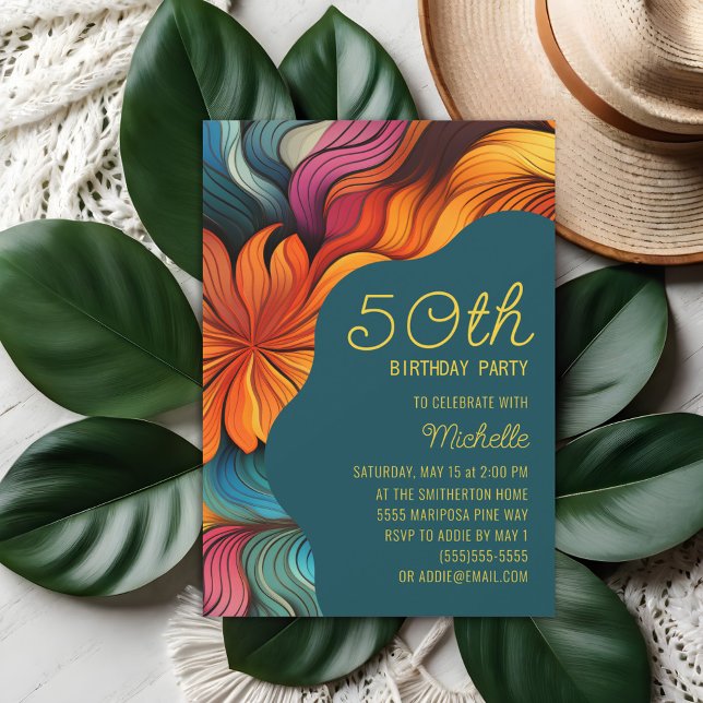 Convites Laranja Teal Curvas Retro Moderno 50º Aniversário (Orange and teal retro psychedelic curves 50th birthday party invitation
)