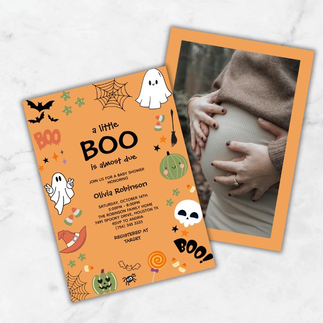 Convites Laranja Um Pequeno Chá de fraldas De Dia das Bruxa (Orange A Little Boo Cute Ghost Halloween Baby Shower Invitation )